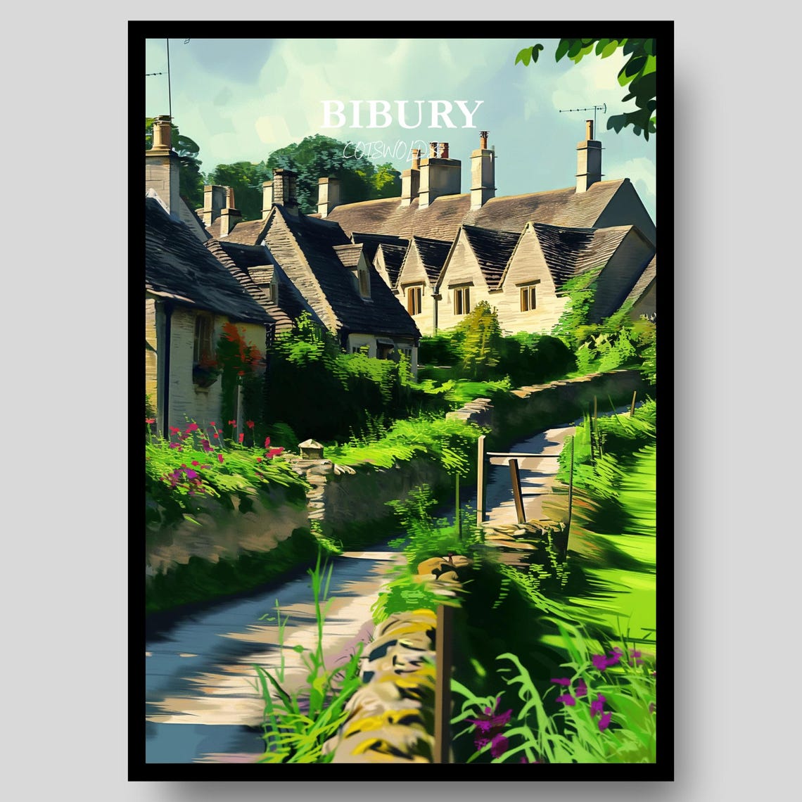 Bibury Cotswolds Stone Cottages Village Lane Garden Travel Poster