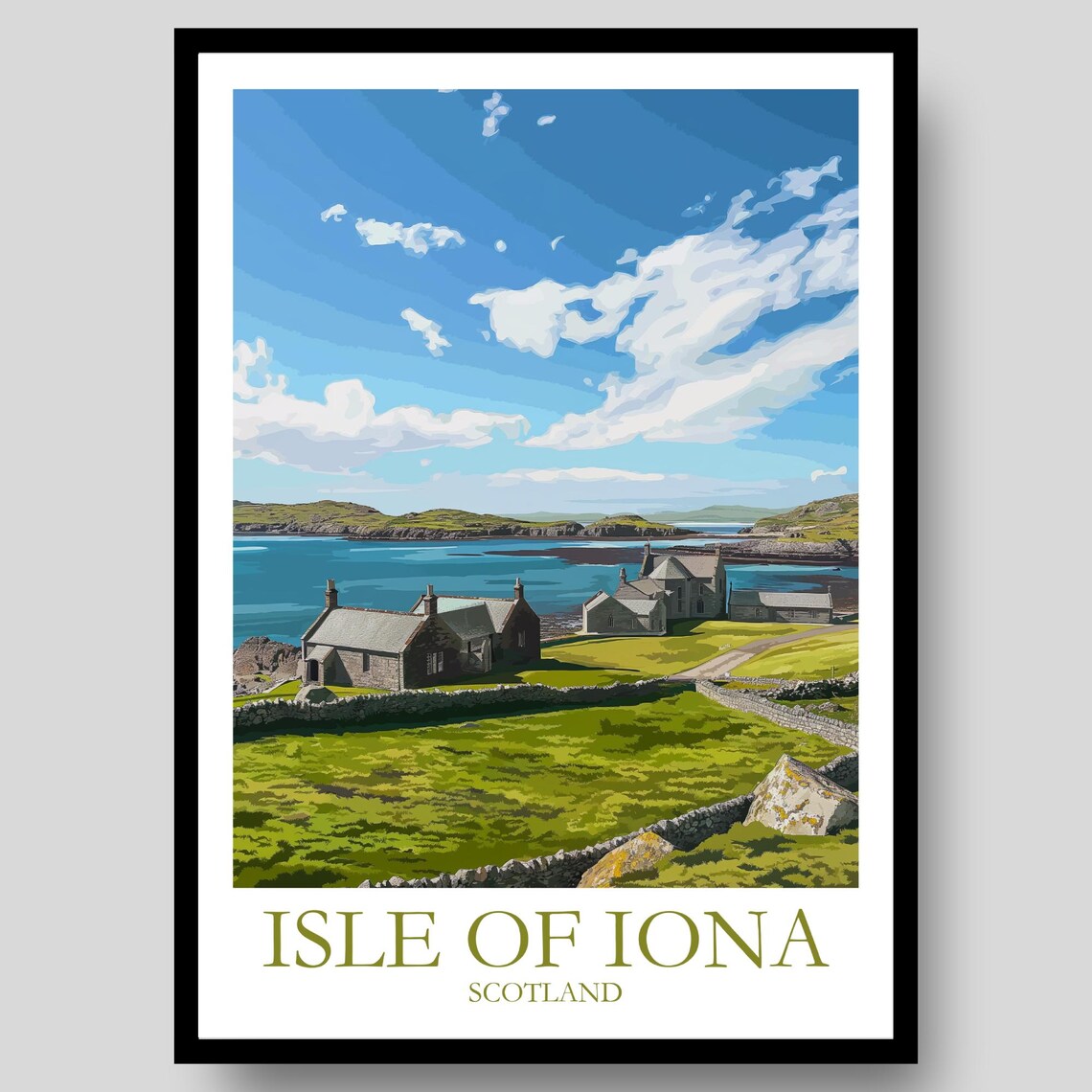 Isle of Iona Scotland Cottage Coast Stone Wall Bay Travel Poster