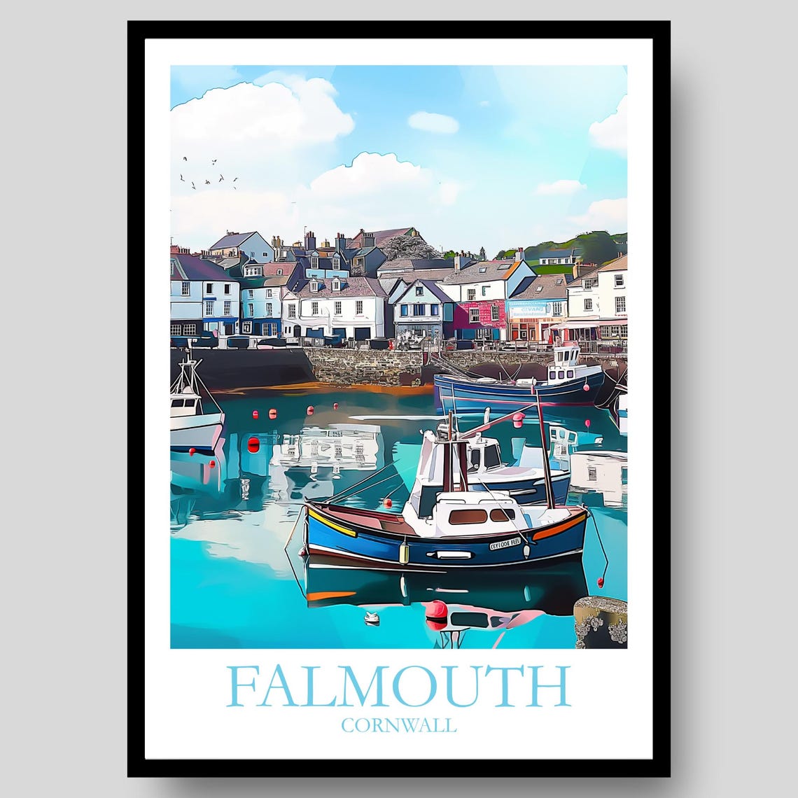Falmouth Cornwall Harbor Fishing Boats Turquoise Water Poster