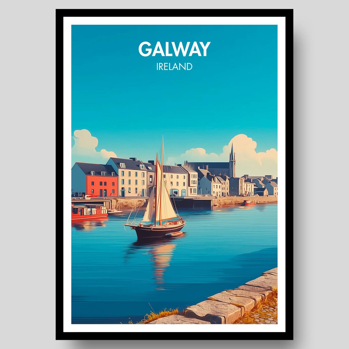 Galway Ireland Harbor Travel Poster Vintage Coastal Sailboat Scene