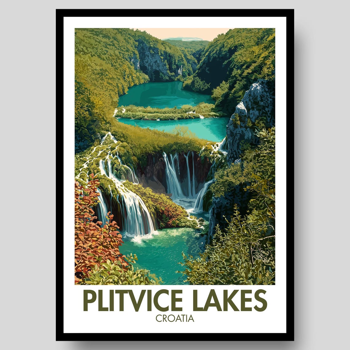 Plitvice Lakes Croatia Waterfall National Park Nature Travel Poster