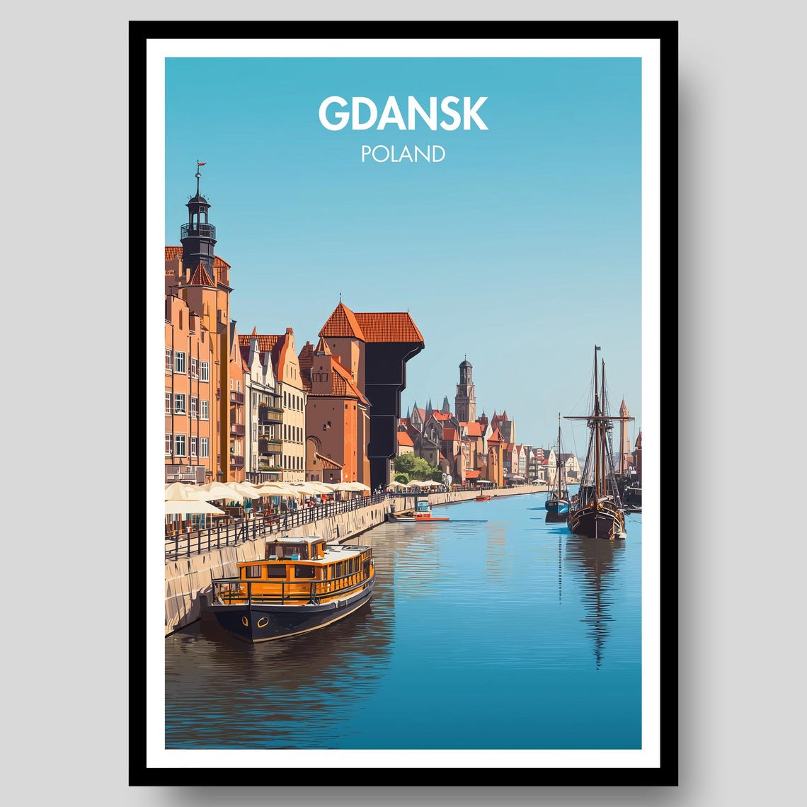 Gdansk Poland Harbor Travel Poster Waterfront Crane Tall Ships