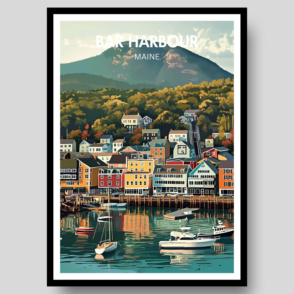 Bar Harbour Maine Waterfront Town Sailboats Vintage Travel Poster