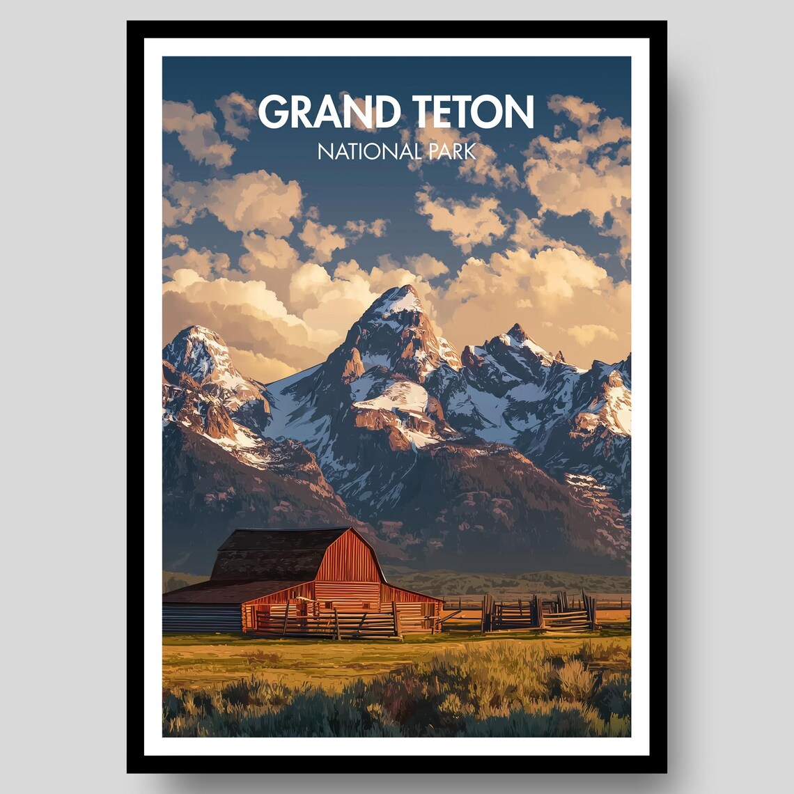 Grand Teton National Park Red Barn Sunset Peaks Travel Poster
