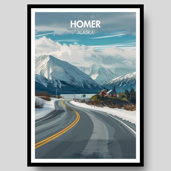 Homer Alaska Snowy Mountain Road Scenic Winter Travel Poster
