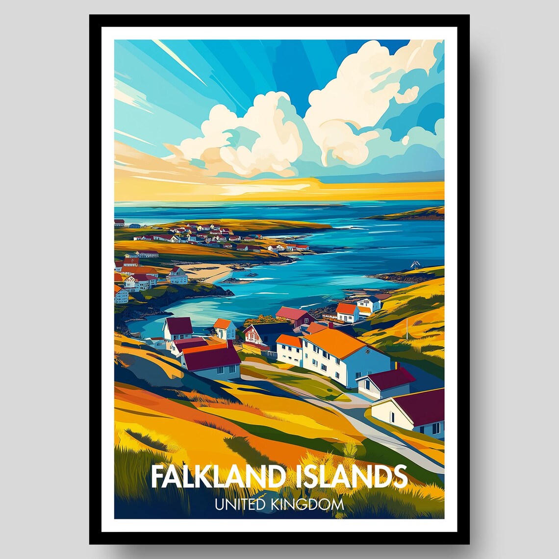 Falkland Islands Coastal Village Sunset Vintage Travel Poster