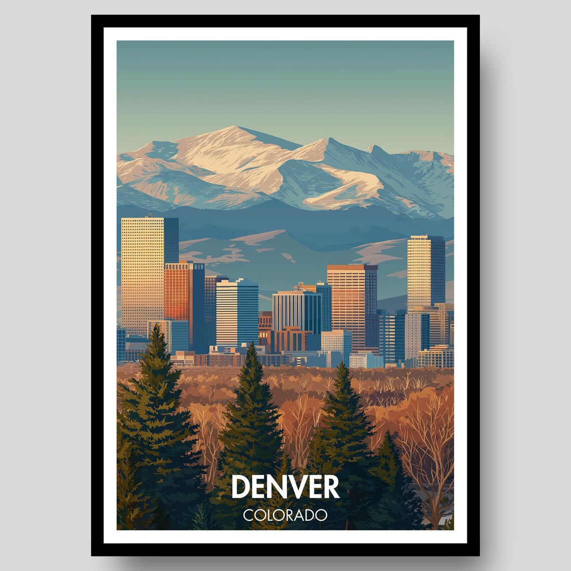 Denver Colorado Snowy Rockies Skyline Retro Travel Art Poster