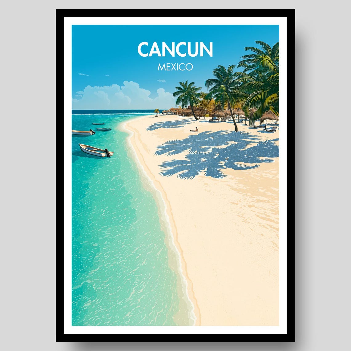 Cancun Mexico Caribbean Beach Aerial View Retro Travel Poster