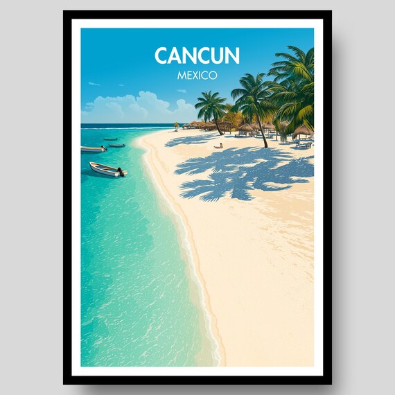 Cancun Mexico Caribbean Beach Aerial View Retro Travel Poster