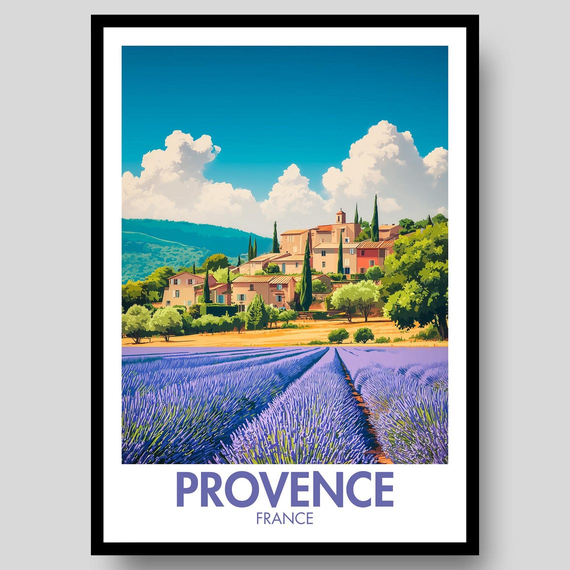 Provence France Lavender Fields Hilltop Village Retro Travel Poster