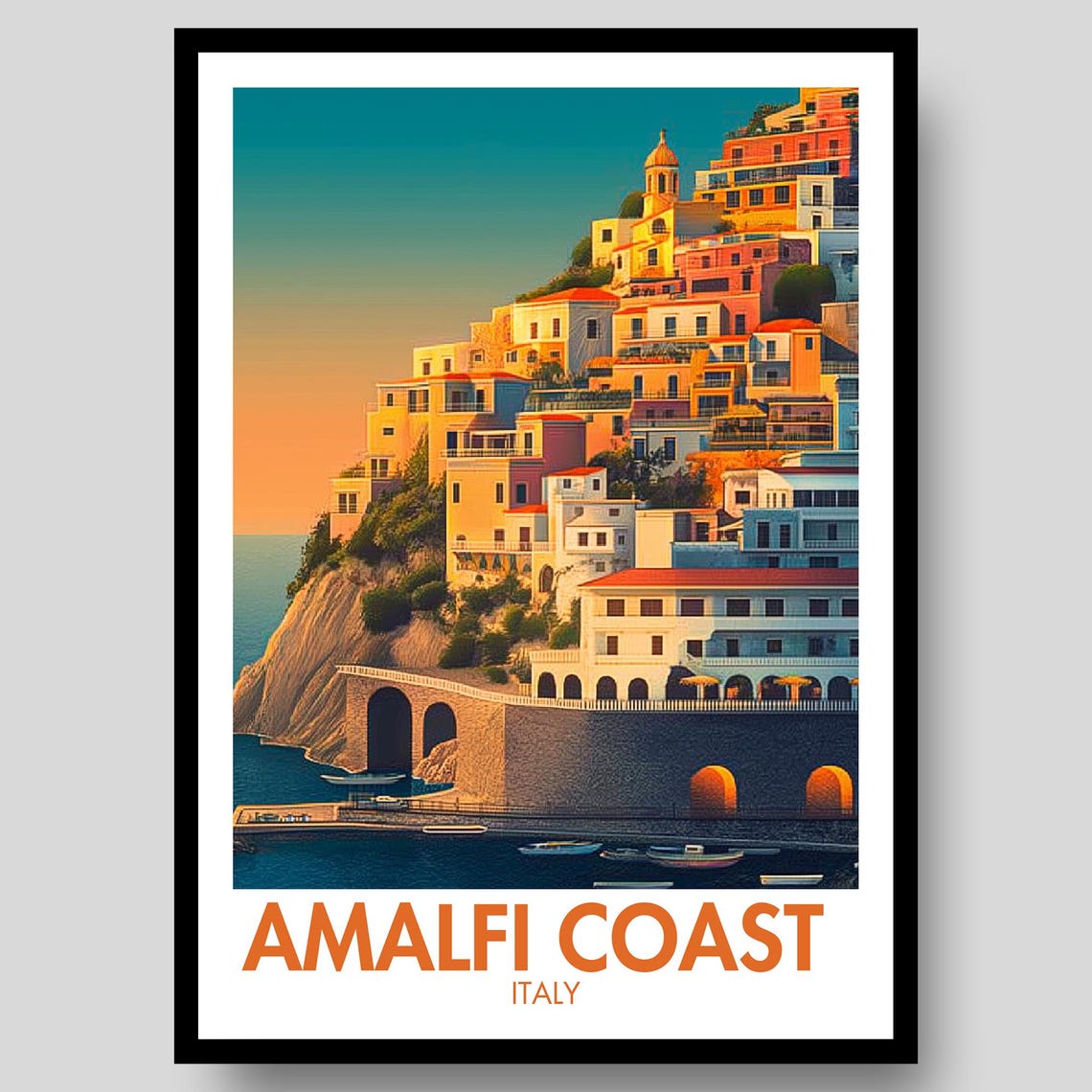 Amalfi Coast Italy Cliffside Village Sunset Glow Travel Poster