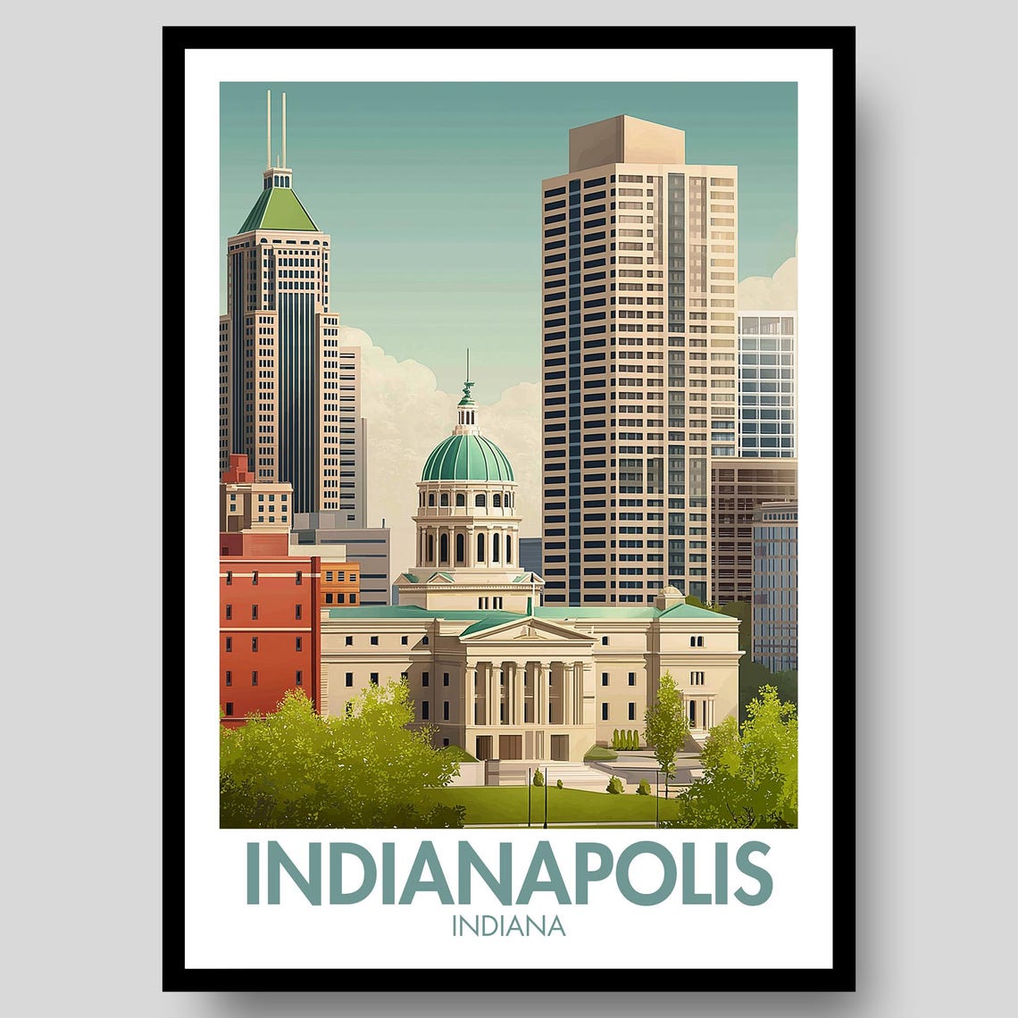 Indianapolis Indiana Capitol Dome Skyline Retro Travel Poster