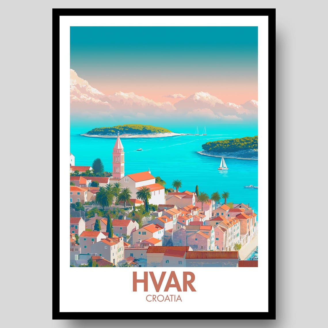 Hvar Croatia Red Roof Town Turquoise Harbor Pink Church Poster