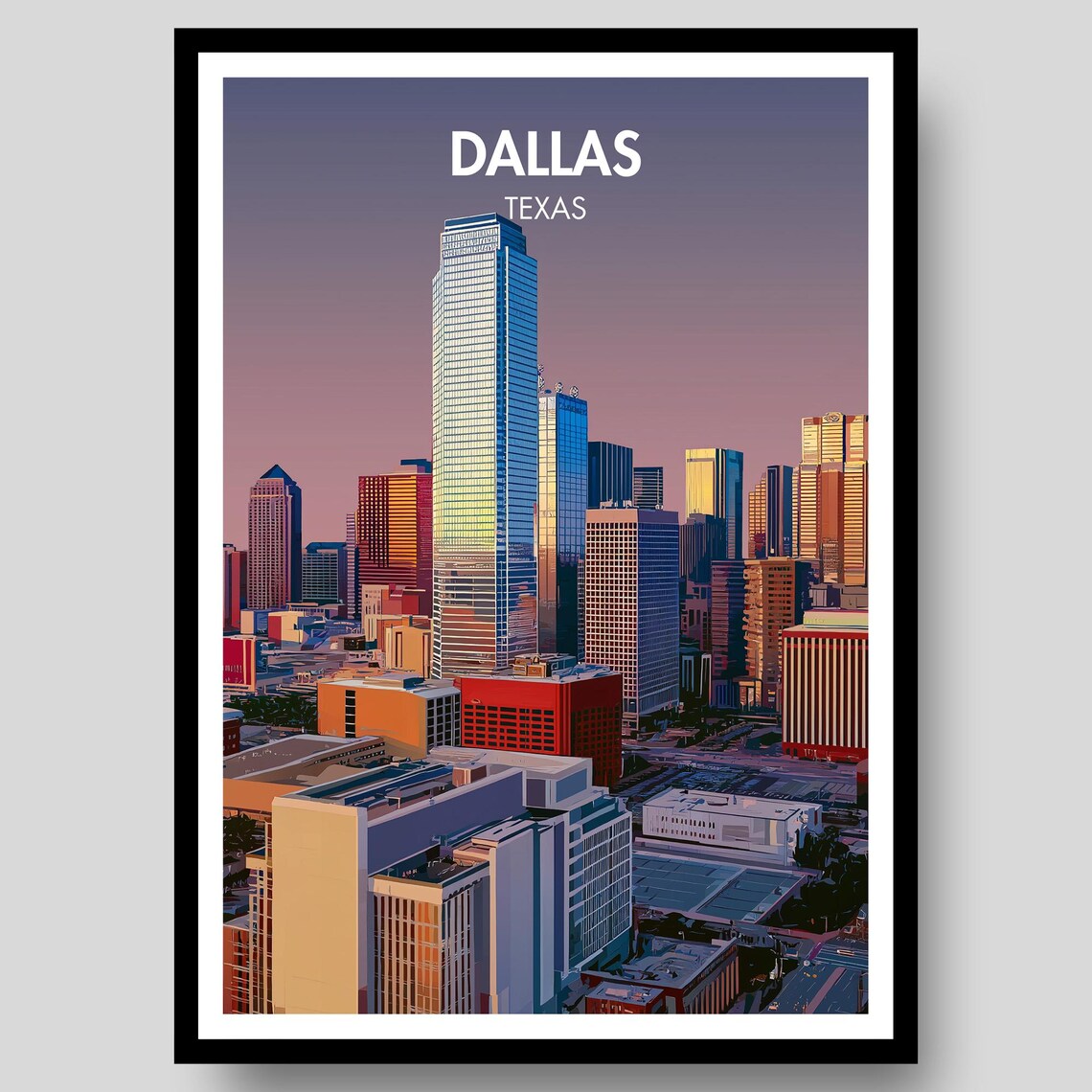 Dallas Texas Golden Hour Glass Towers Skyline City Artwork Poster