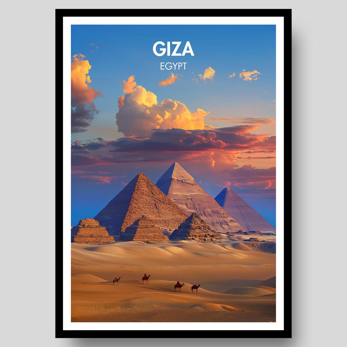 Giza Egypt Pyramids Camel Sunset Desert Wonder Travel Poster