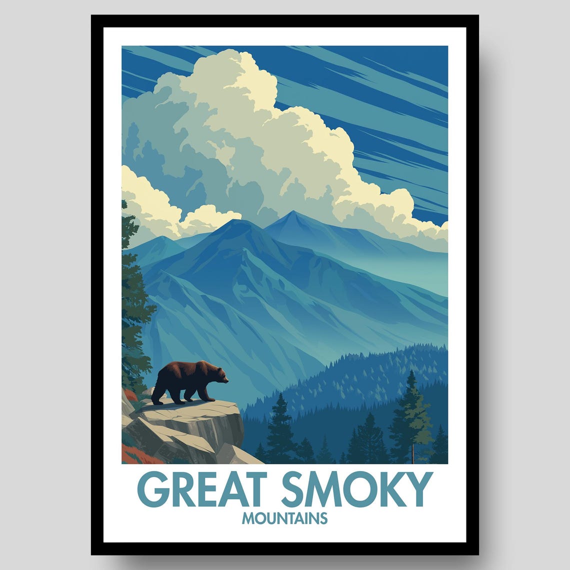 Great Smoky Mountains Black Bear Cliff Wildlife Blue Peaks Poster