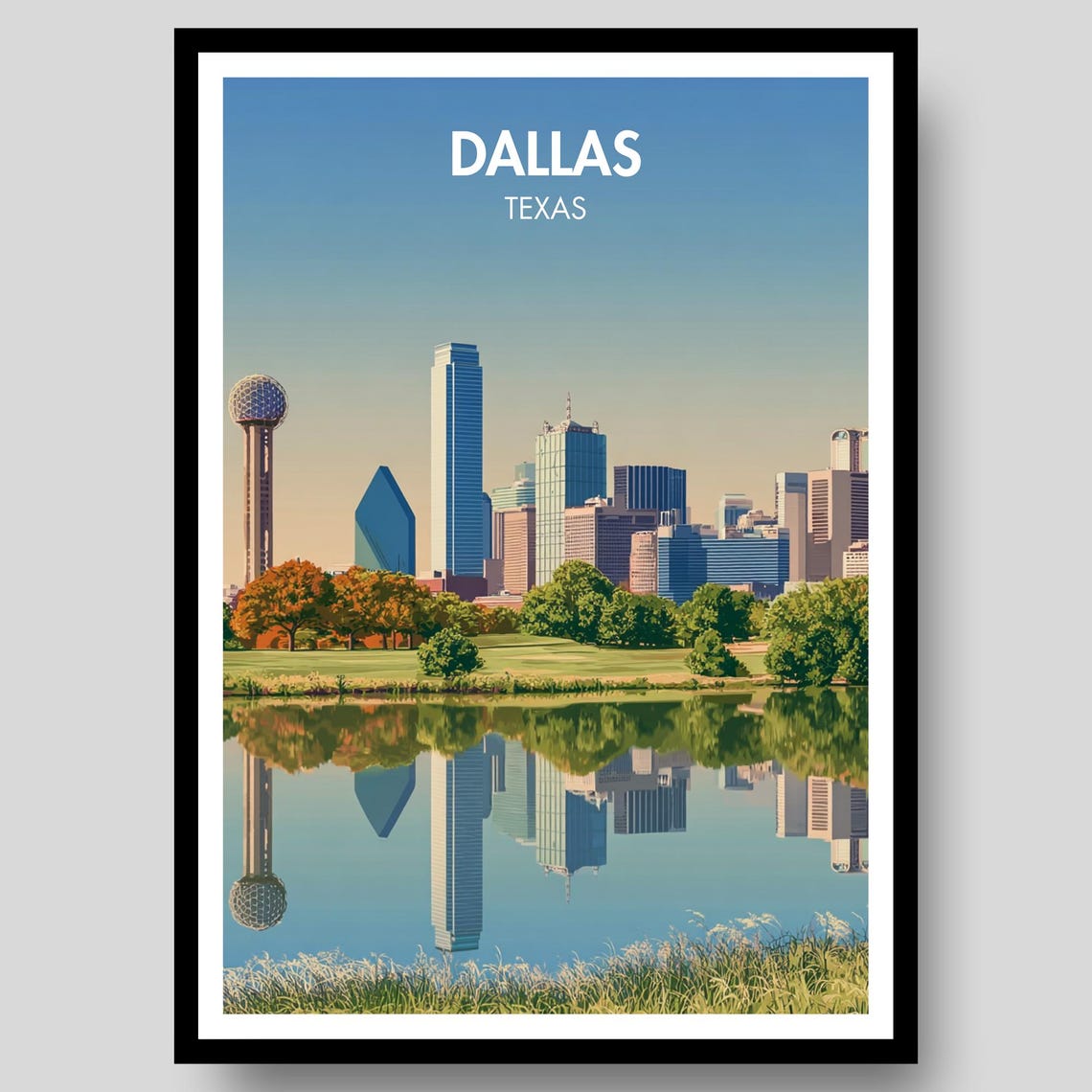 Dallas Texas Downtown Reflection Over Calm Lake Travel Poster