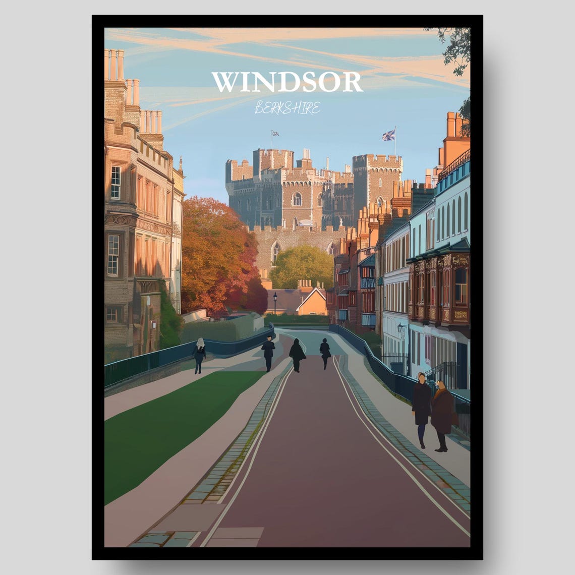 Windsor Berkshire Castle High Street Autumn Retro Art Poster