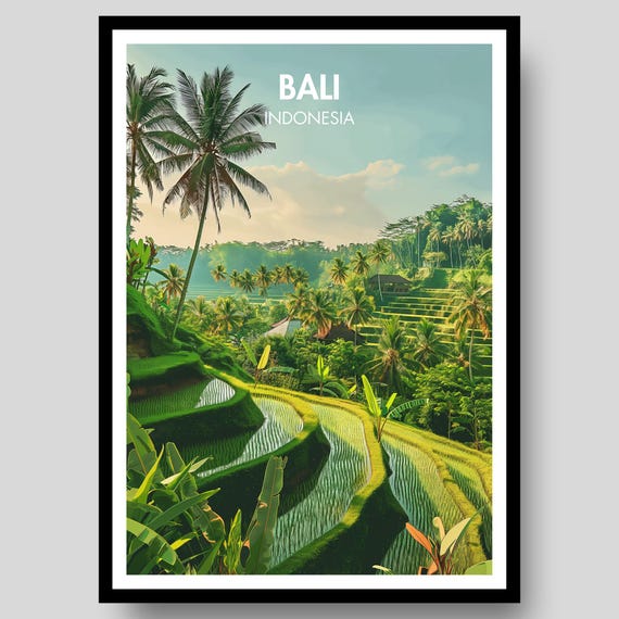 Bali Poster Indonesia Travel Art Decor Painting Map Print