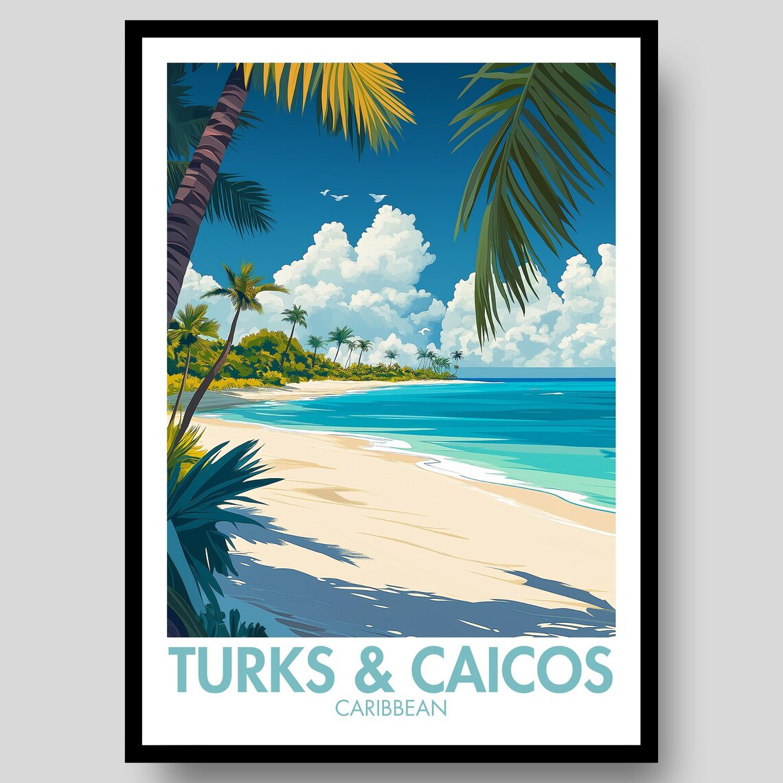 Turks and Caicos Caribbean Island Palm Beach Vintage Travel Poster