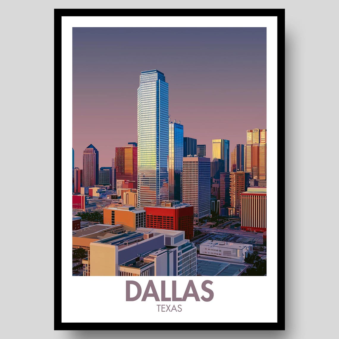 Dallas Texas Sunset Skyscraper Downtown Skyline View Poster Art