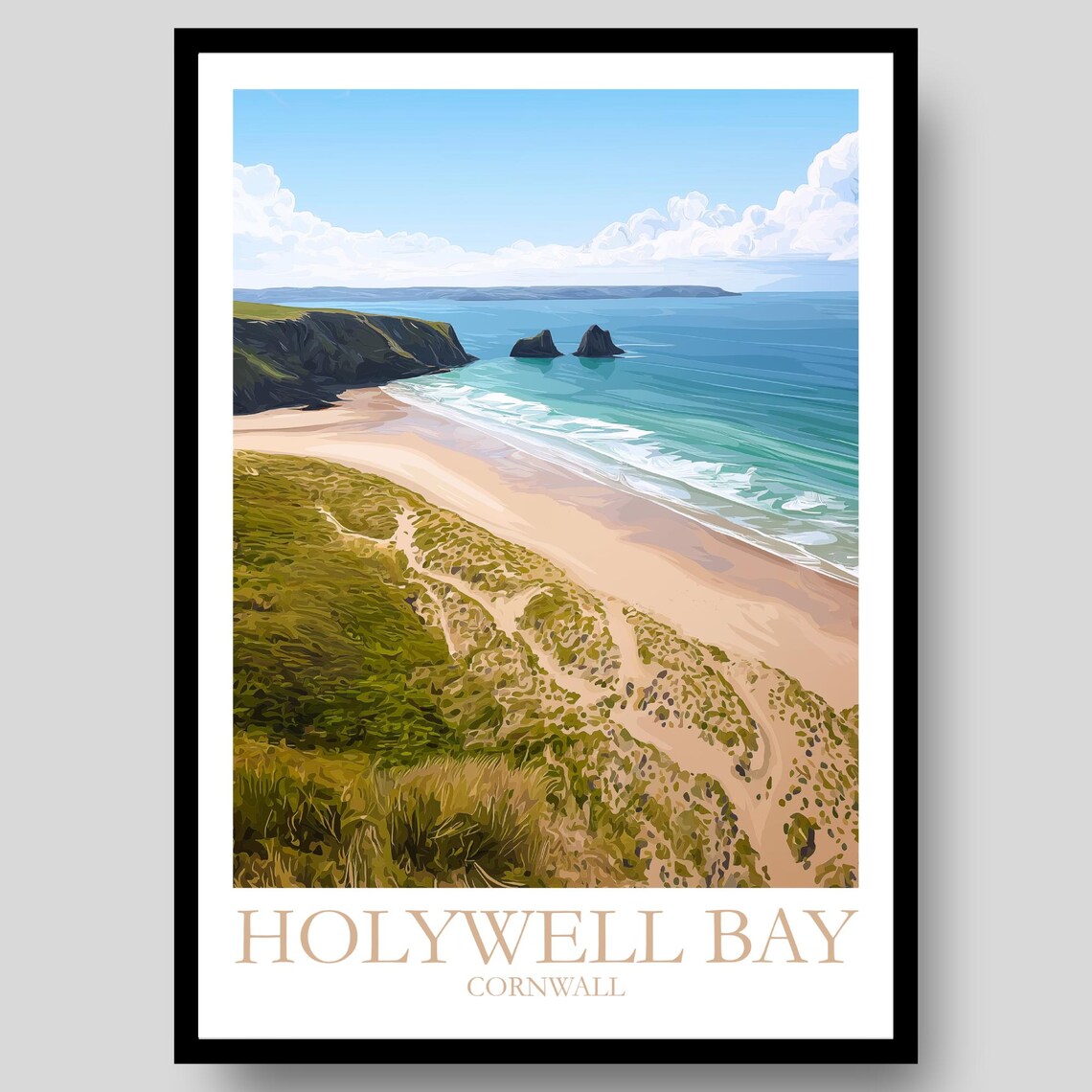 Holywell Bay Cornwall White Border Sand Dunes Coastal Travel Poster