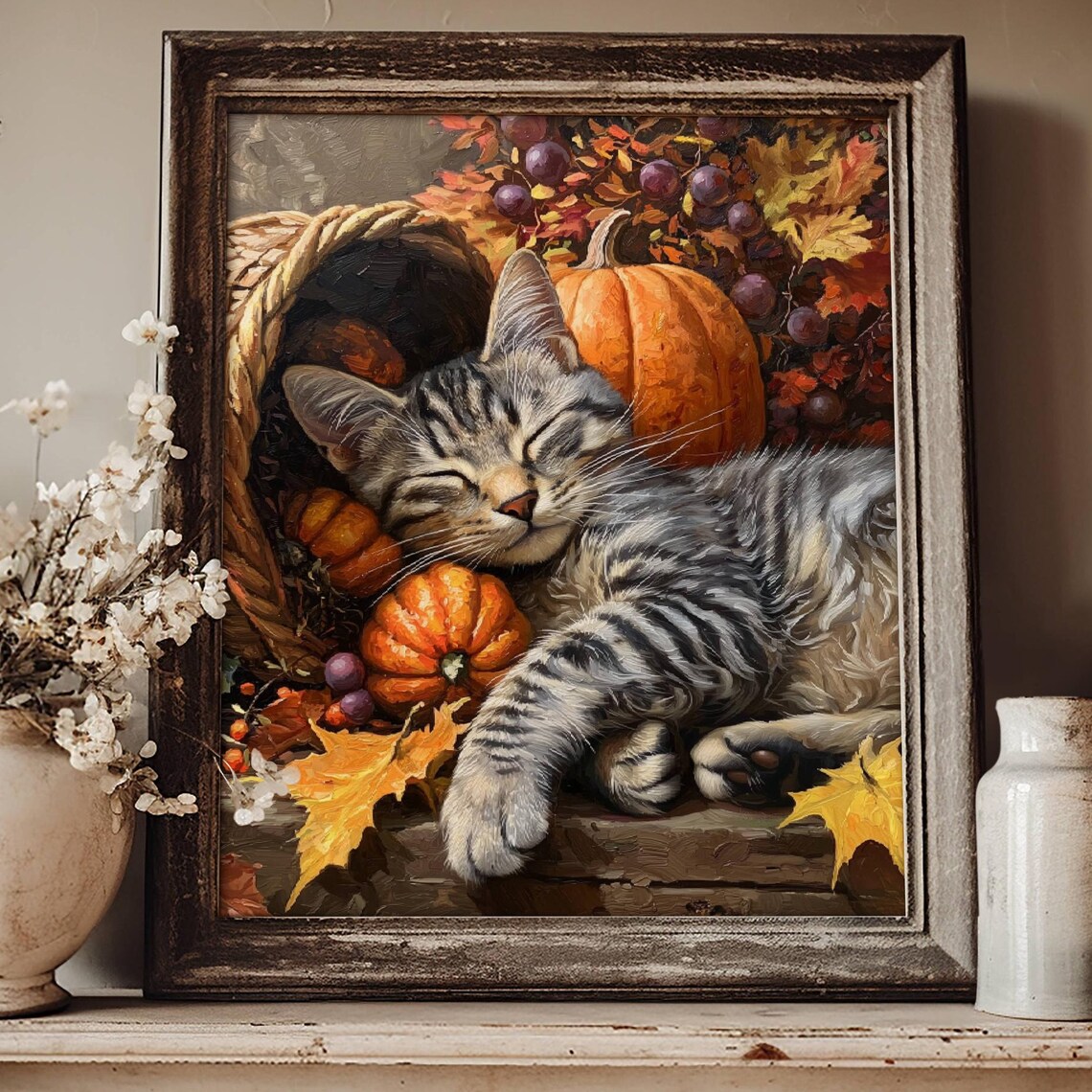 Tabby Cat Thanksgiving Cornucopia Wall Art Print
