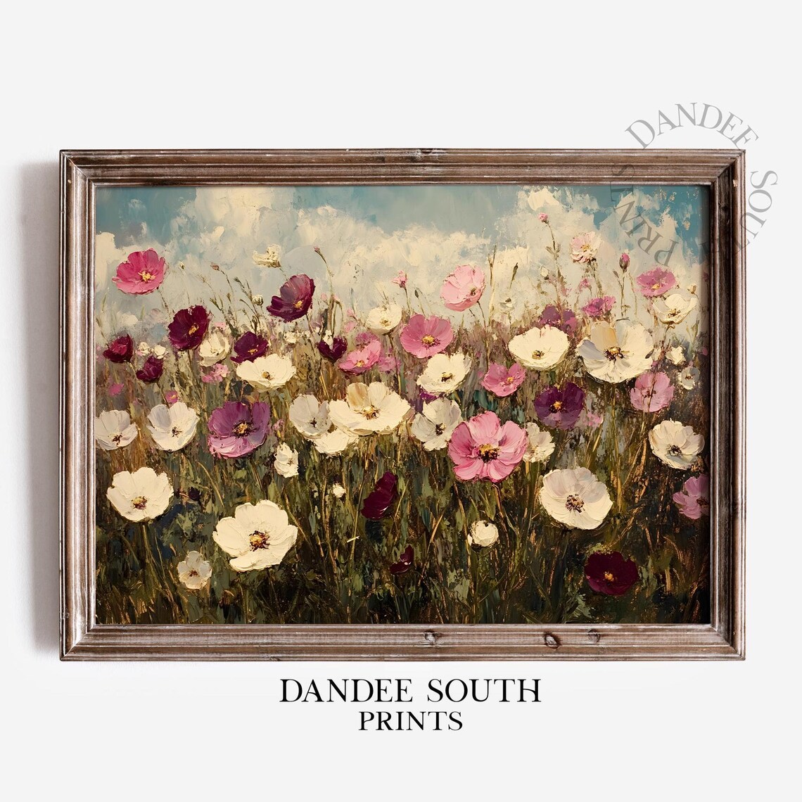Pink and White Cosmos Flowers Field Oil Painting Vintage Floral Wall Art