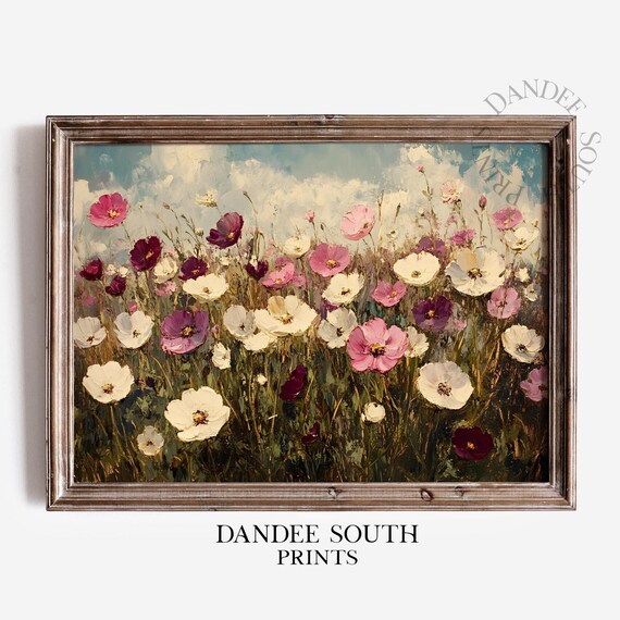 Pink and White Cosmos Flowers Field Oil Painting Vintage Floral Wall Art