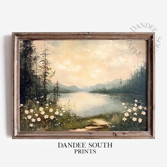 Landscape Oil Painting Vintage Wildflowers Art Print Spring Country Lake Wall Farmhouse Decor 028