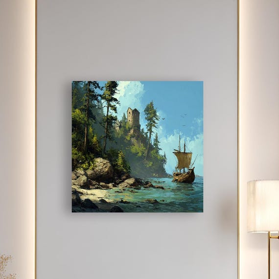Fantasy Coastline Canvas Medieval Castle Tower Sailboat Wall Art Enchanted Nature Scene