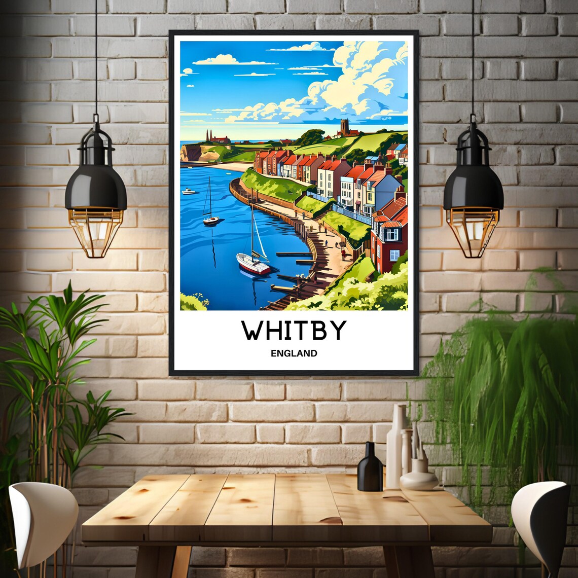 Whitby England Harbor Sailboats and Colorful Houses View Poster - Image 3