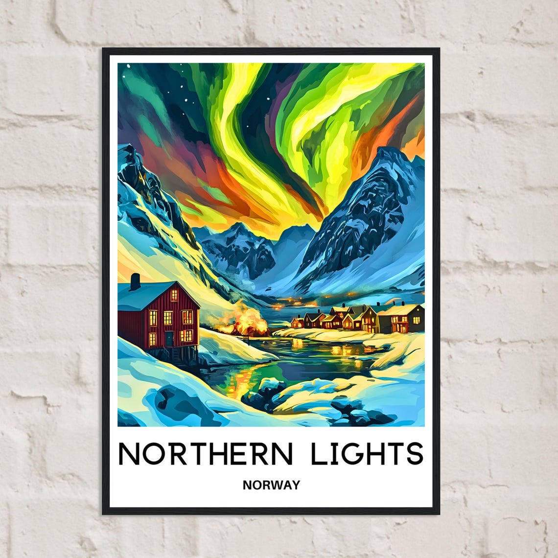 Northern Lights Norway Red Cabins Fjord Night Vintage Travel Poster - Image 2