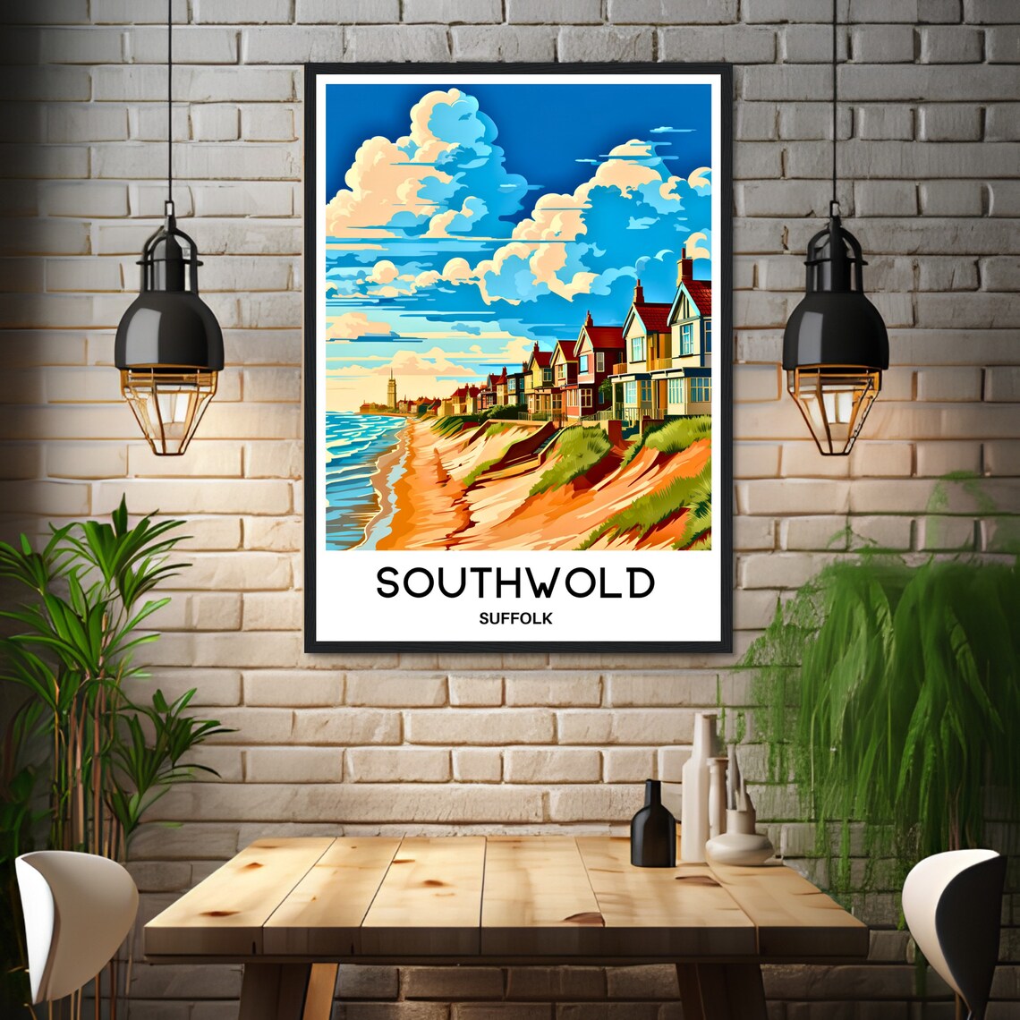 Southwold Suffolk Seafront Houses Beach Clouds English Travel Poster - Image 3