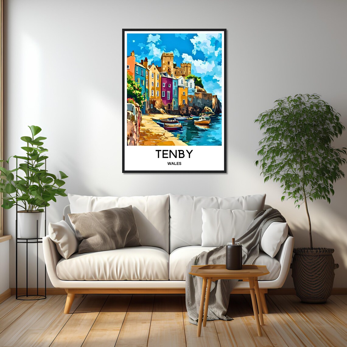 Tenby Wales Colorful Harbor Town Castle Cliffside Boats Poster - Image 2