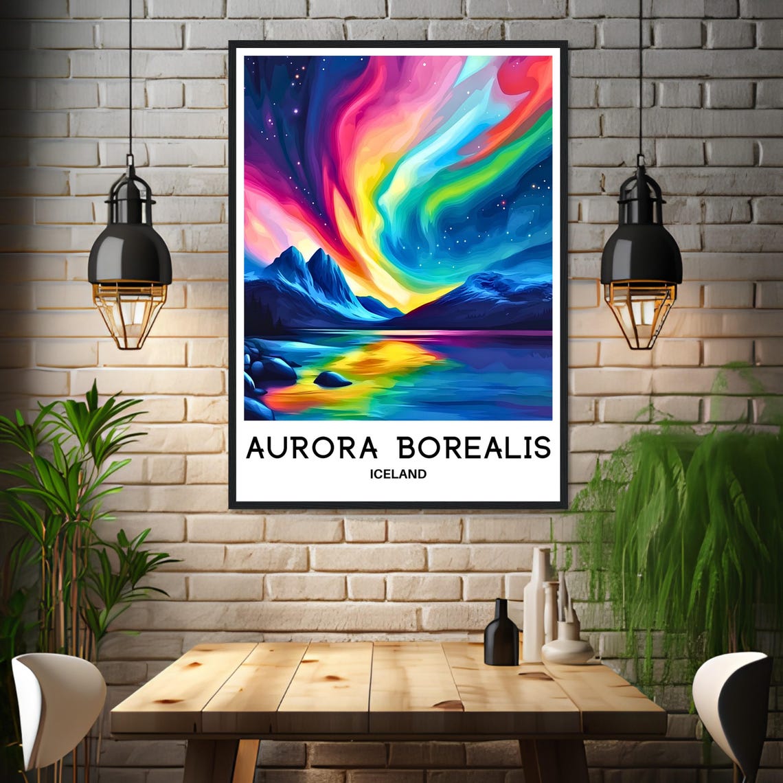 Aurora Borealis Iceland Rainbow Sky Mountain Lake Travel Poster - Image 3