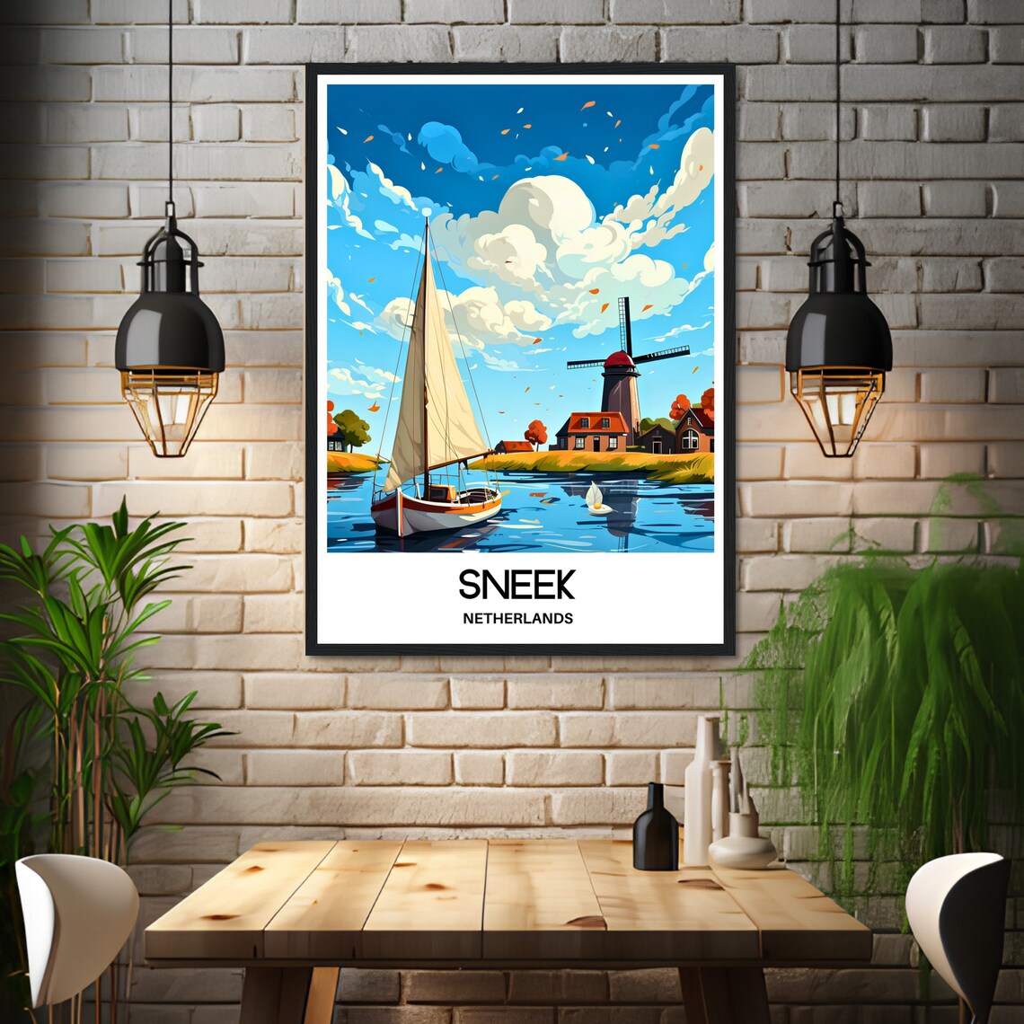Sneek Netherlands Windmill Sailboat Canal Scene Travel Poster - Image 3