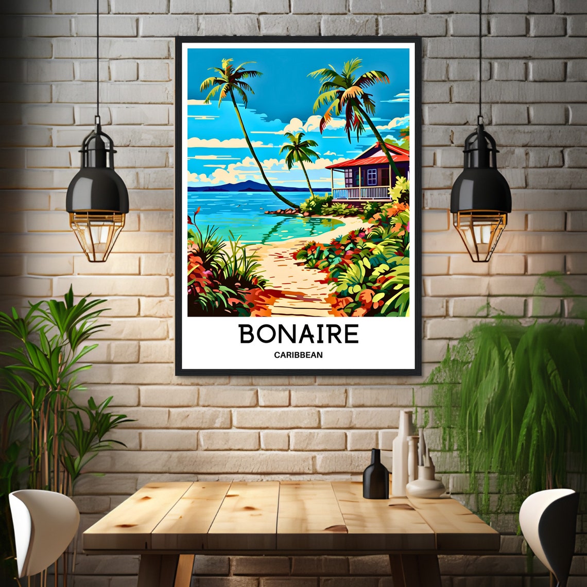 Bonaire Palm Framed Sandy Path to a Red Roofed Beach House Poster - Image 3