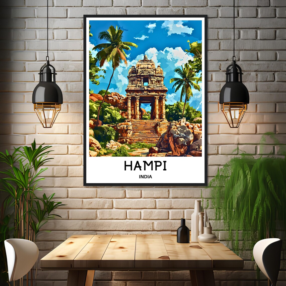 Hampi India Ancient Stone Temple Palms and Boulder Hills Poster - Image 3