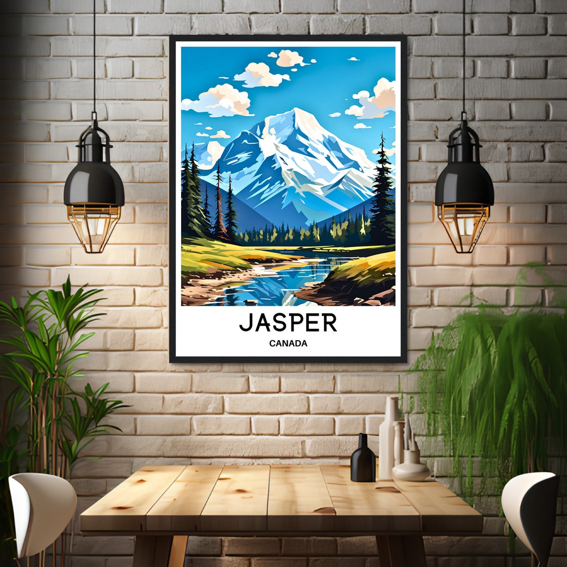 Jasper Canada Snow-Capped Mountain and Pine River Travel Poster - Image 3