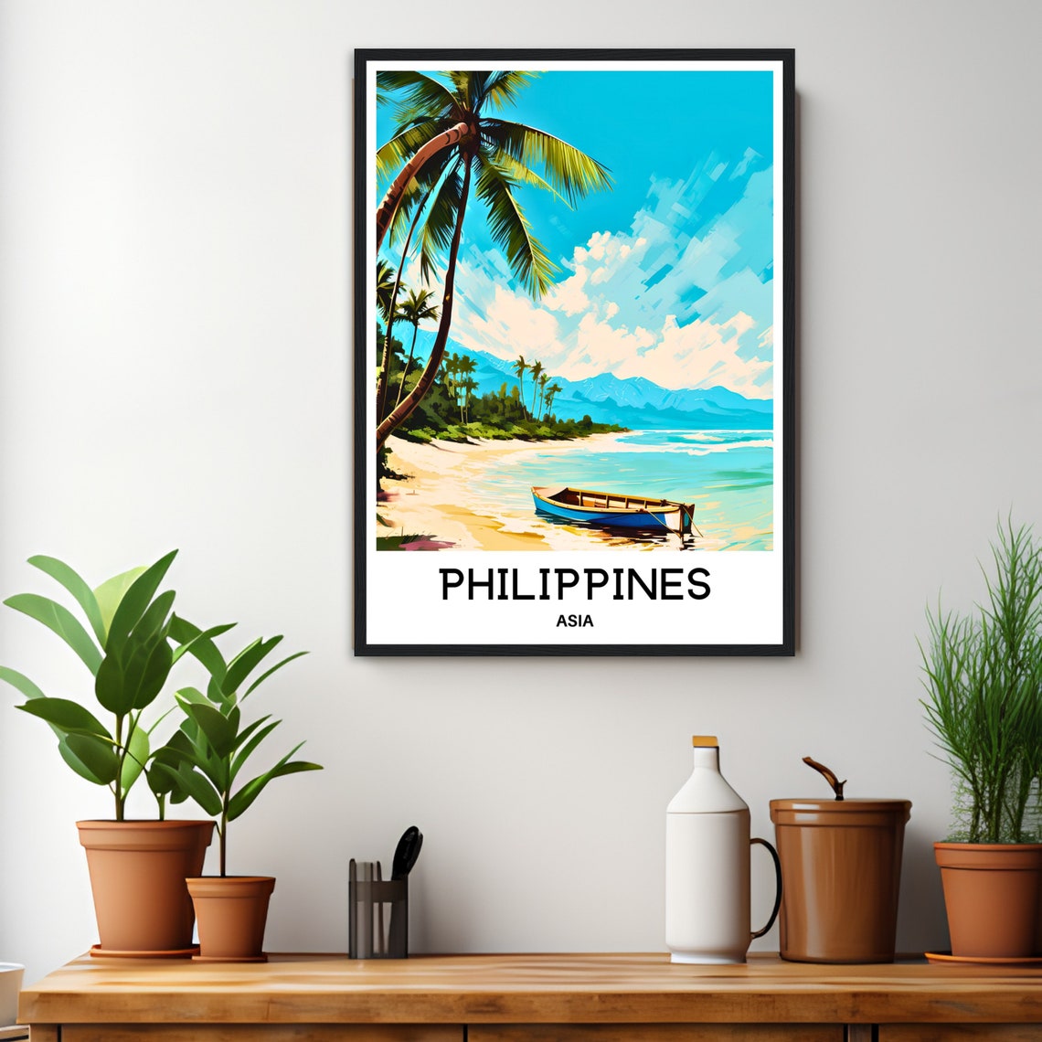 Philippines Tropical Beach Leaning Palm Boat Daytime Travel Poster - Image 3