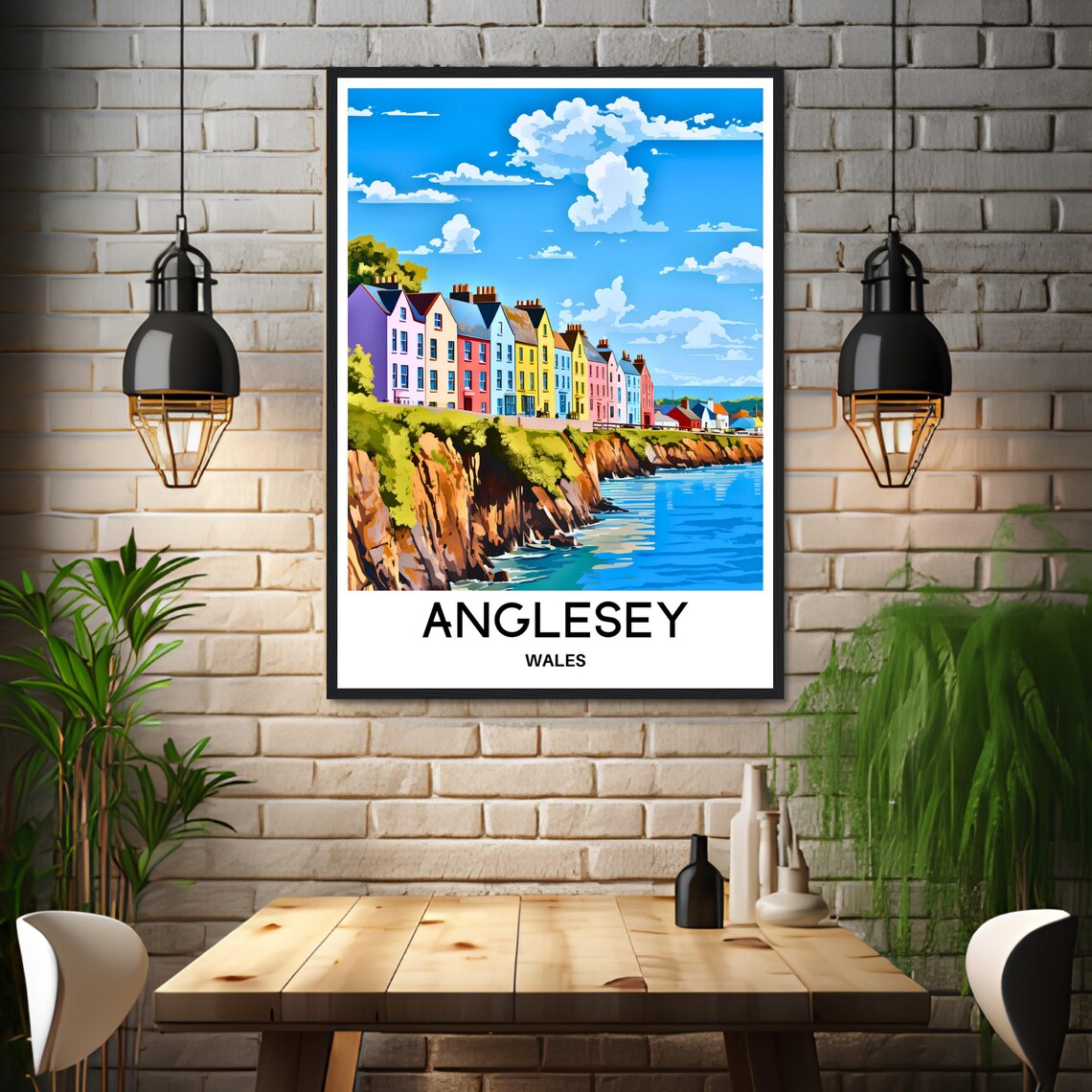 Anglesey Wales Colorful Cliffside Houses Above Blue Sea Poster - Image 3