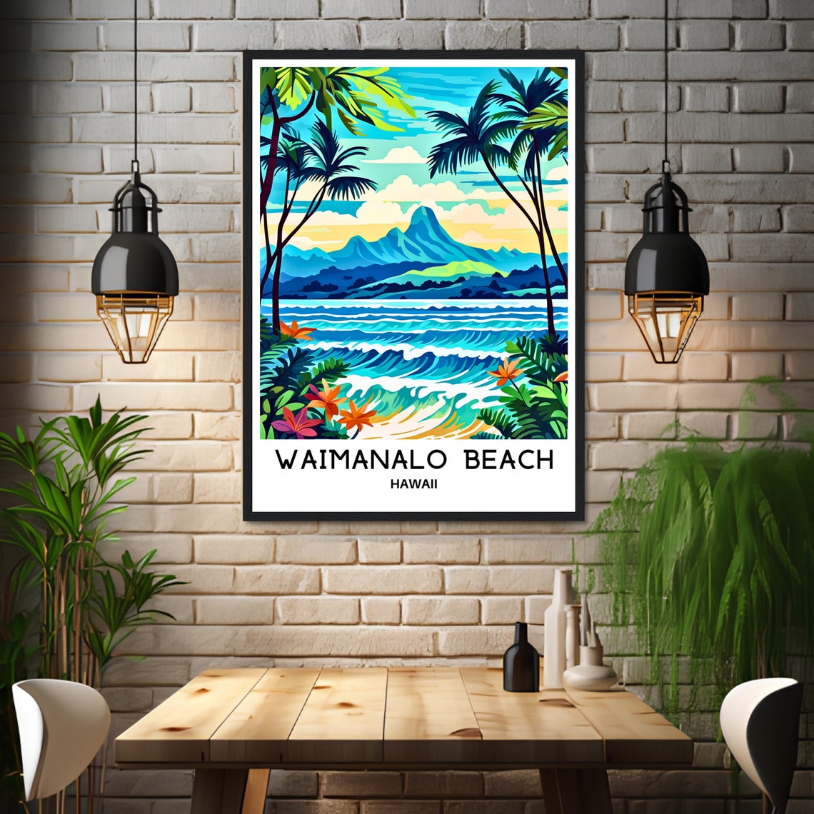 Waimanalo Beach Hawaii Rolling Surf Waves and Palm Trees Poster - Image 3