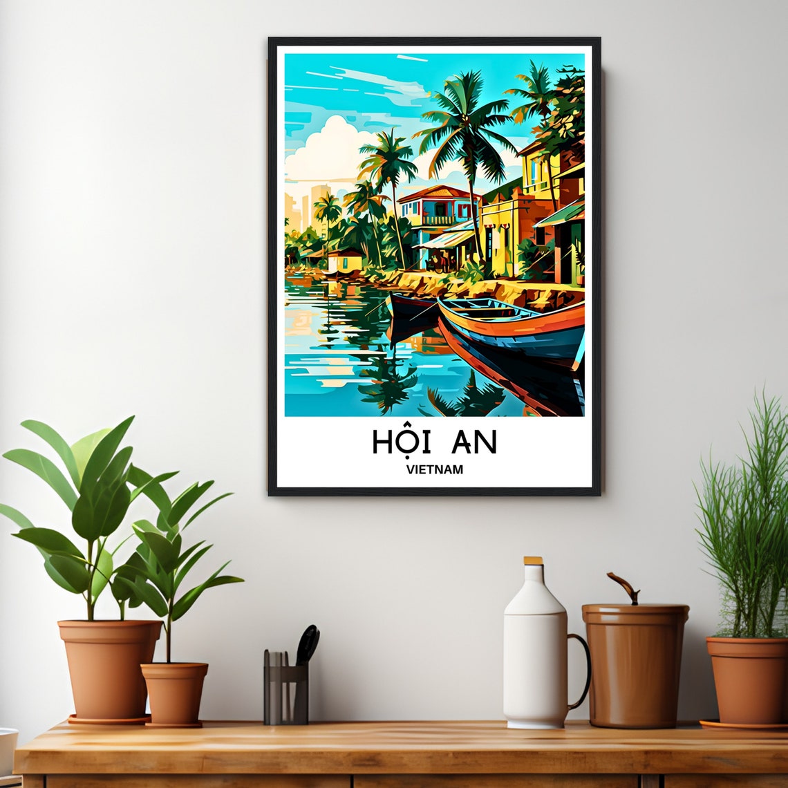 Hoi An Vietnam Riverside Old Town Boats Palm Trees Travel Poster - Image 2