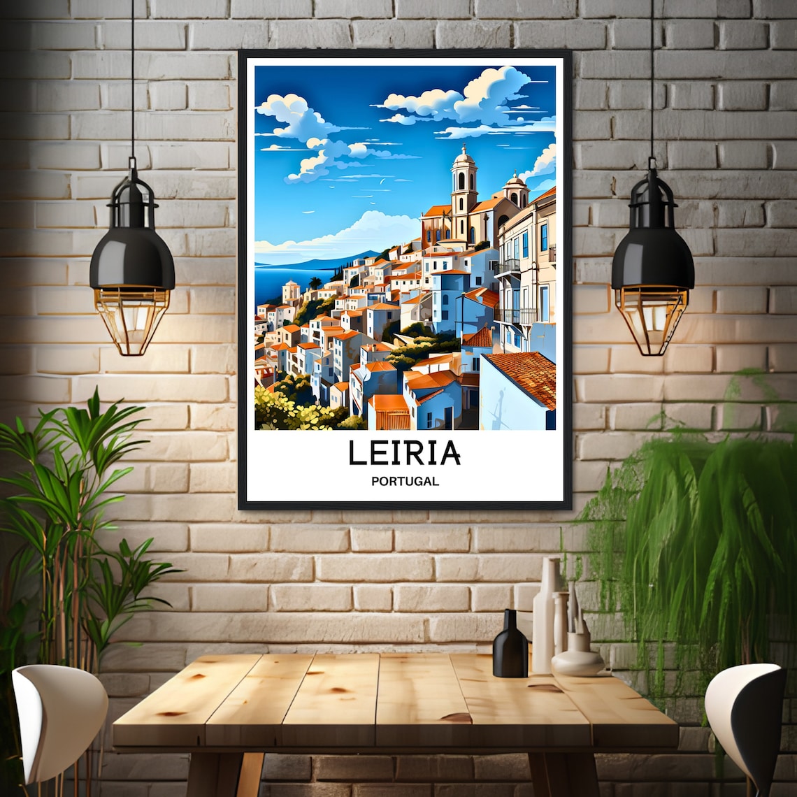 Leiria Portugal Hilltop Old Town Church Towers Travel Art Poster - Image 3