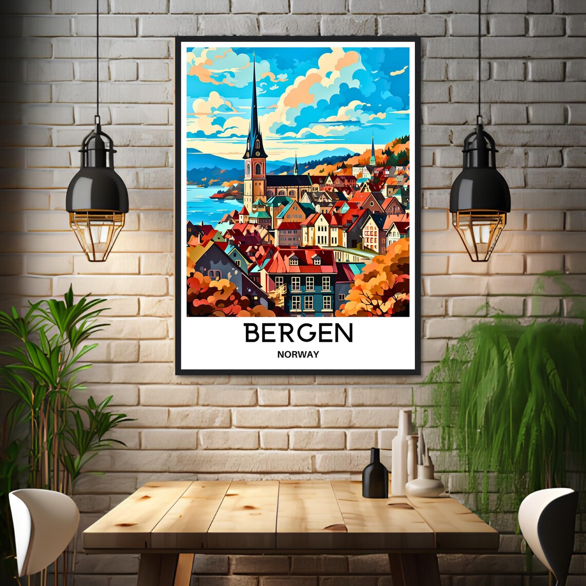 Bergen Norway Old Town Church Spire Autumn Colors Travel Poster - Image 3