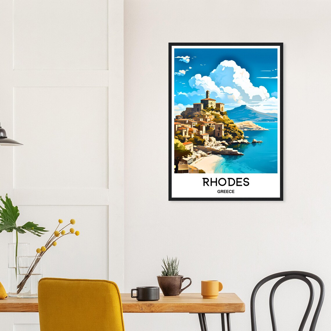 Rhodes Greece Sunlit Hilltop Town Turquoise Coast Travel Poster - Image 2