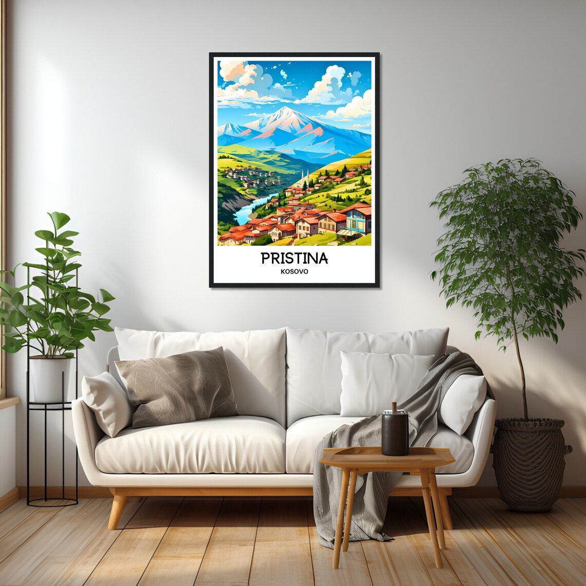 Pristina Kosovo Red-Roofed Hillside Village Under High Peak Poster - Image 2