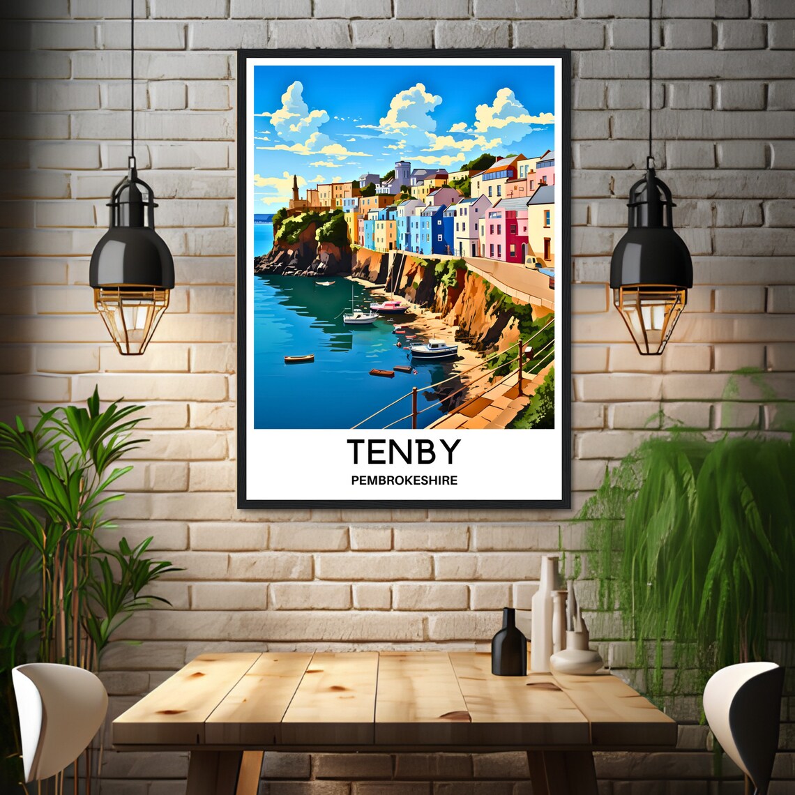 Tenby Wales Harbor Colorful Cliffside Houses Travel Art Poster - Image 3