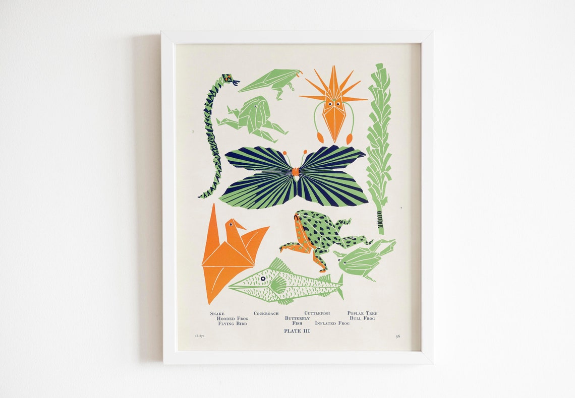 Vintage Origami Animals Plate III Papercraft Instruction Chart Poster